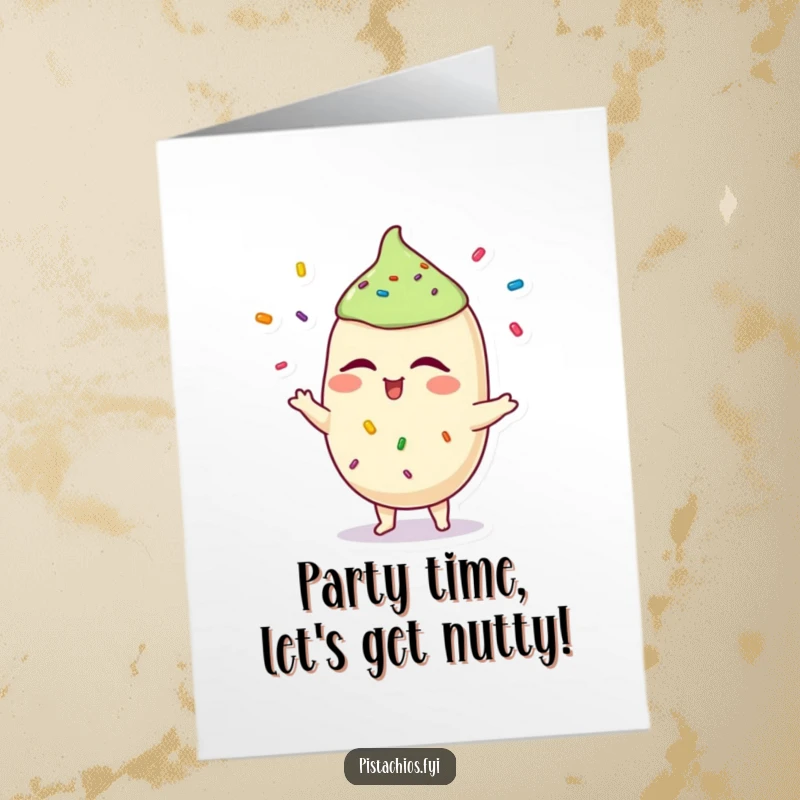 Funny Free Printable Pistachio Birthday Card featuring a winking pistachio juggling colorful sprinkles, wishing a fantastic birthday.