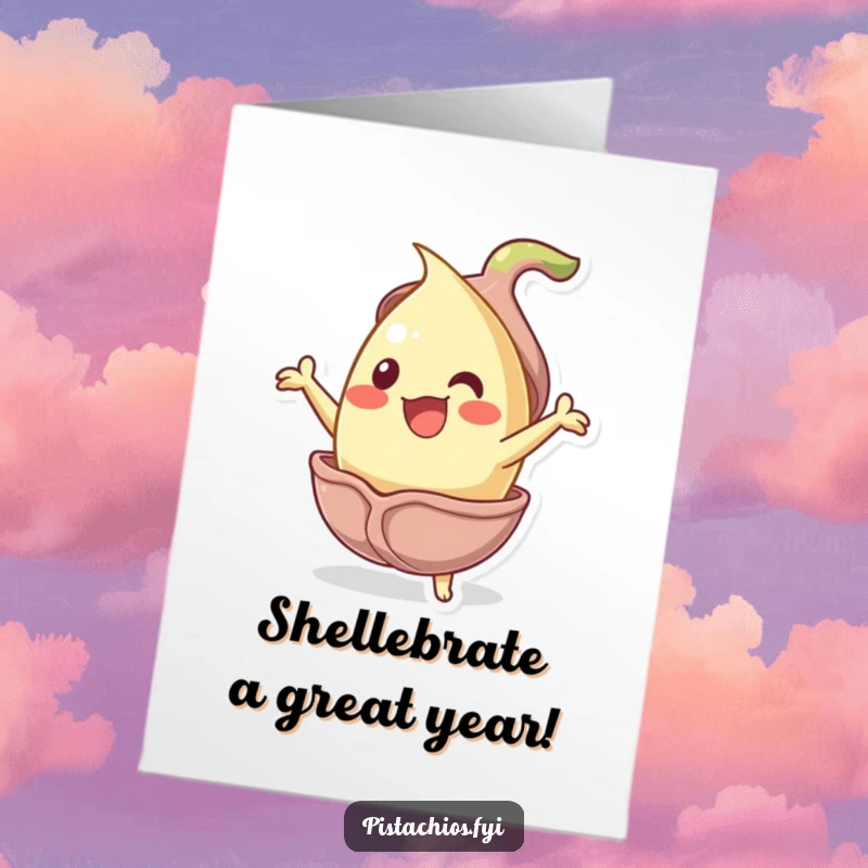 Funny Free Printable Birthday Card: Jubilant pistachio nut bursting from shell, happy birthday, print at home.
