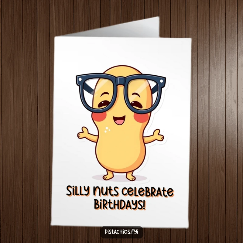 Funny Free Printable Birthday Card: Giggle-fit Peanut character in giant glasses striking a comical pose.