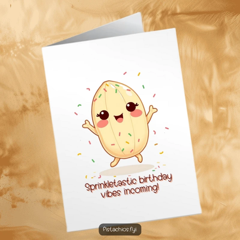 Funny Free Printable Birthday Card: A delighted pistachio character joyfully dances surrounded by tiny, colorful sprinkles.