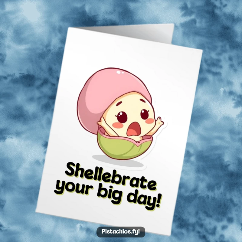 Funny free printable birthday card featuring a surprised pistachio character leaping gleefully out of its cracked shell, a perfect gift.