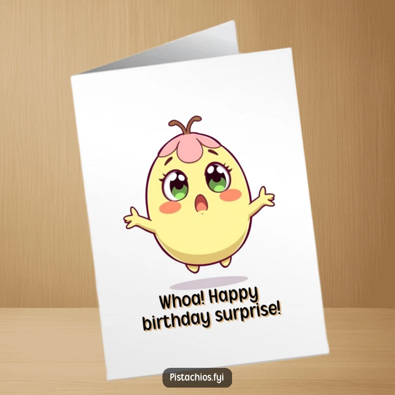 Funny Free Printable Birthday Card featuring a surprised pistachio character leaping upwards with wide, astonished eyes.