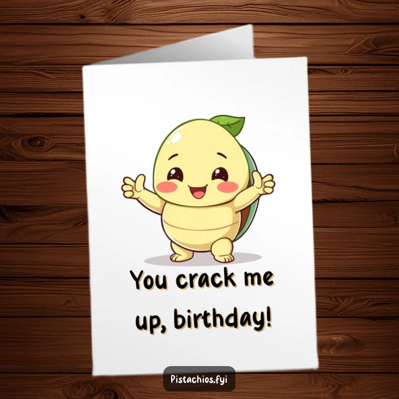 Funny Free Printable Birthday Card showing a smiling pistachio character in a triumphant pose with its shell open, celebrating success.