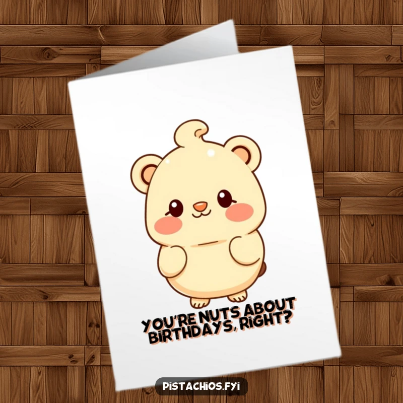 Funny Free Printable Birthday Card: A blushing macadamia nut character offering a shy, sweet smile, full of warmth.