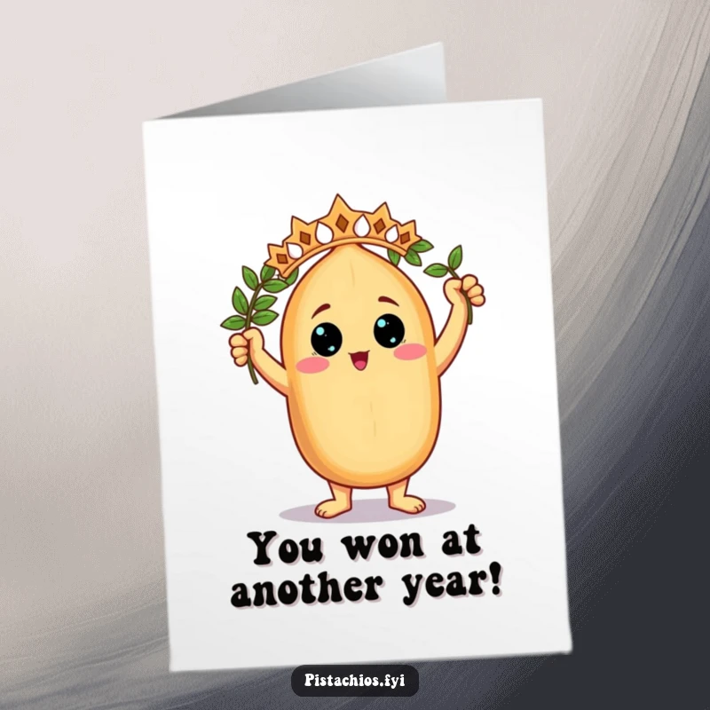 Funny Free Printable Birthday Card: A triumphant nut character holding a tiny laurel wreath, celebrating a birthday win.