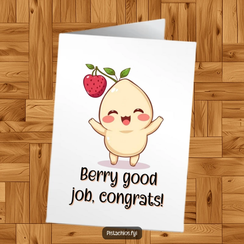 Funny Free Printable Congratulations Card: Delighted Cashew character skillfully balancing a single berry on its head celebrating.