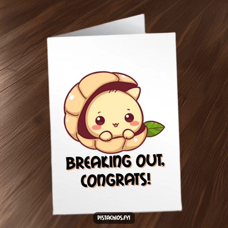 Funny Free Printable Congratulations Card: A pistachio character with wide eyes peeking from its shell, symbolizing curiosity and new beginnings.