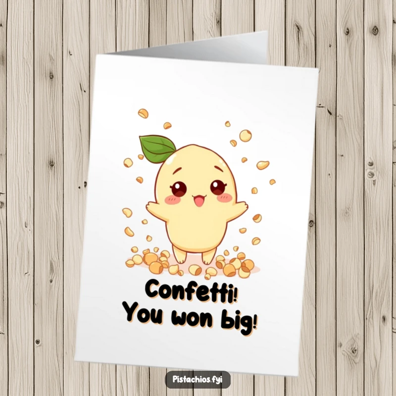 Funny Free Printable Congratulations Card: A pistachio character celebrates by throwing confetti shaped like tiny nuts.