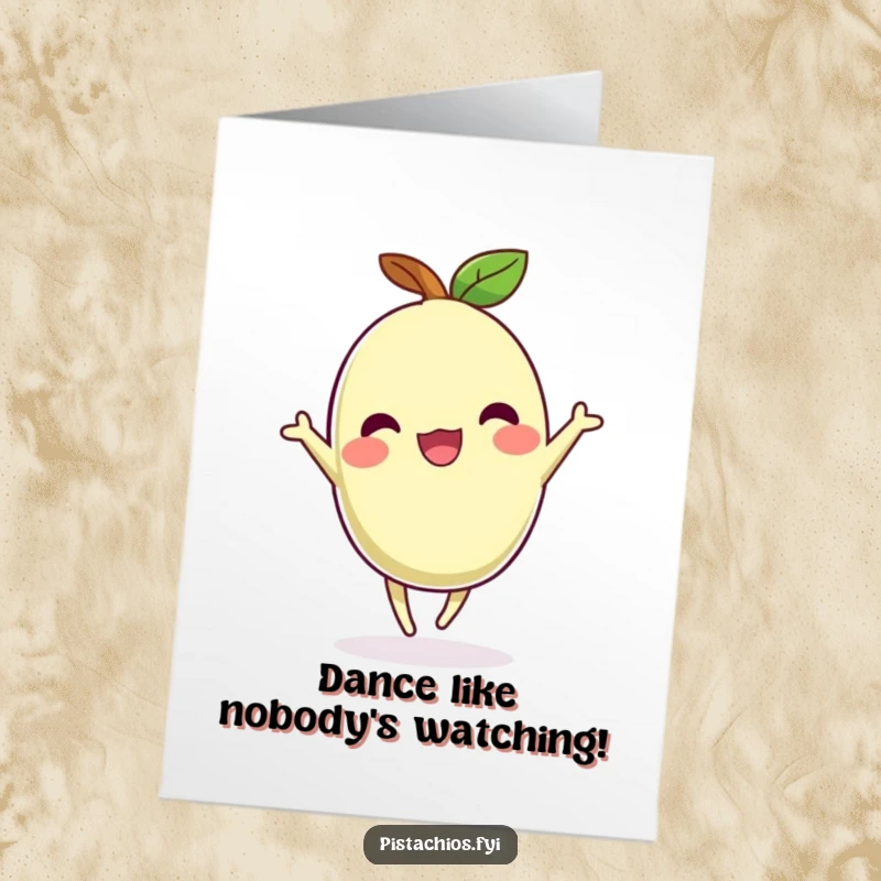 Funny Free Printable Congratulations card with a joyful pistachio character in mid-dance, celebrating an achievement.