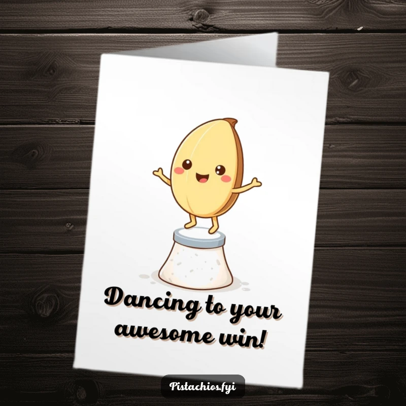 Funny Free Printable Congratulations Card: a smiling pistachio nut performing a salty dance, celebrating a win.