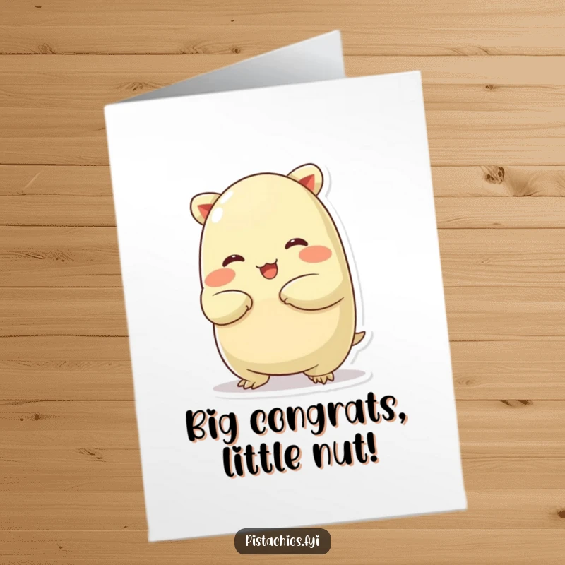 Funny Free Printable Congrats Card: A chubby pistachio character performing a comical stretch, showing a moment of playful relaxation after success.