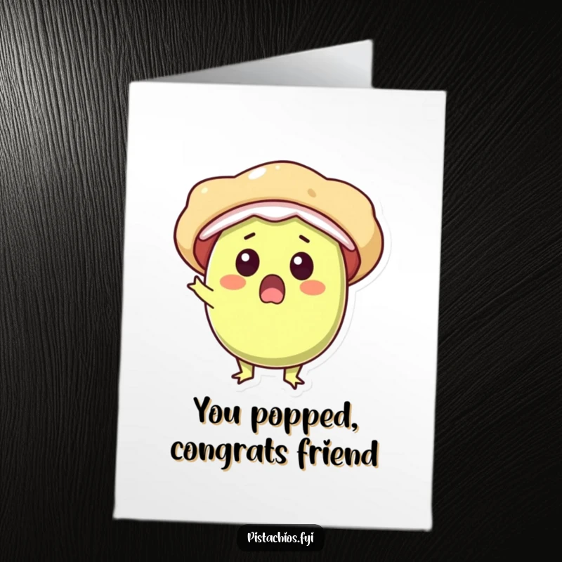 Funny Free Printable congratulations card: A surprised pistachio character pops open with delight, celebrating a wonderful achievement.