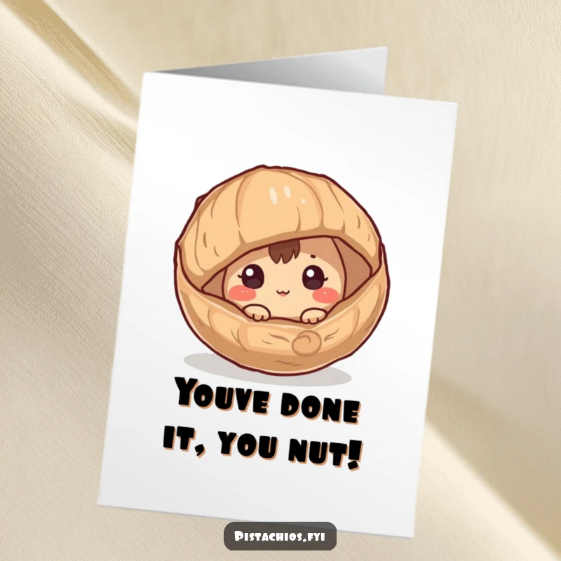 Funny Free Printable Congrats Card: Curious Hazelnut peeking from husk, celebrating success, perfect for DIY gifts.