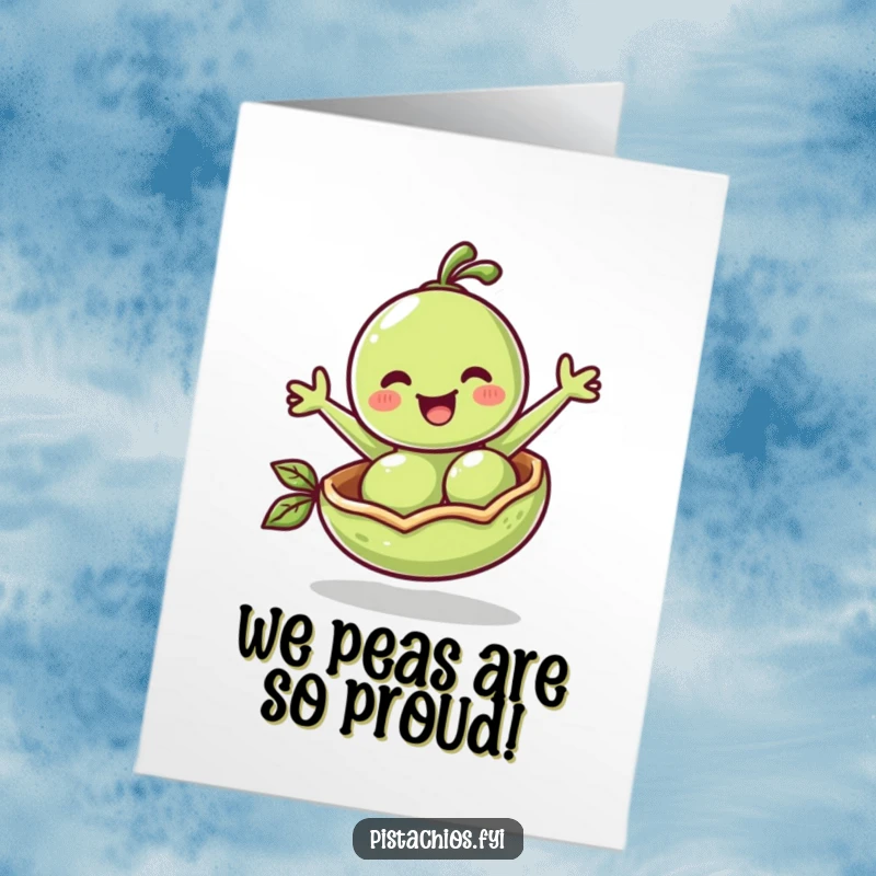 Funny Free Printable Congratulations Card with a cheerful pea character bouncing in its pod, celebrating a happy occasion.