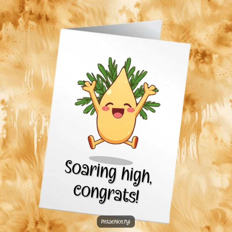 Funny Free Printable Congratulations Card: Joyous pine nut character leaping exuberantly, celebrating a fantastic achievement.