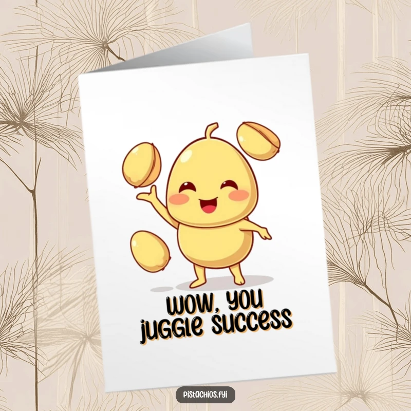 Funny Free Printable congratulations card: A smiling pistachio juggles two other pistachios, celebrating a successful accomplishment.