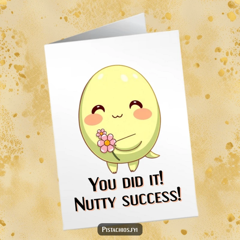 Funny Free Printable Congrats Card: Shy pistachio blushing, holding a delicate flower, conveying sweet congratulations with a giggle.