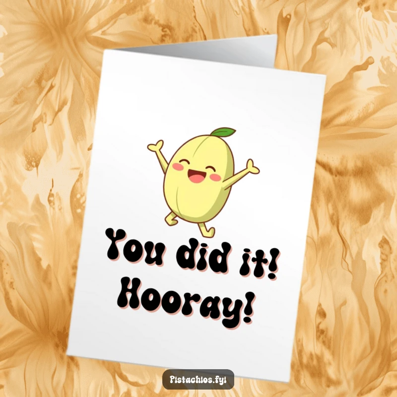 Funny Free Printable Congratulations Card: An energetic pistachio character captured mid-leap to celebrate any success, a delightful downloadable.