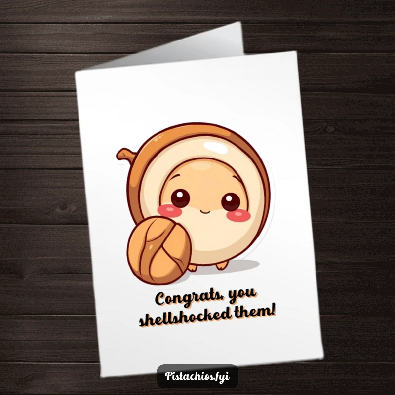 Funny Free Printable Congratulations Card: Shy pecan peeks out from behind a big nut, conveying congratulations subtly.