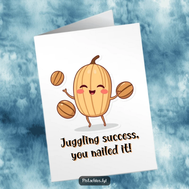 Funny Free Printable Congratulations Card: Winking walnut character skillfully juggling nuts, a humorous downloadable gift for any occasion.