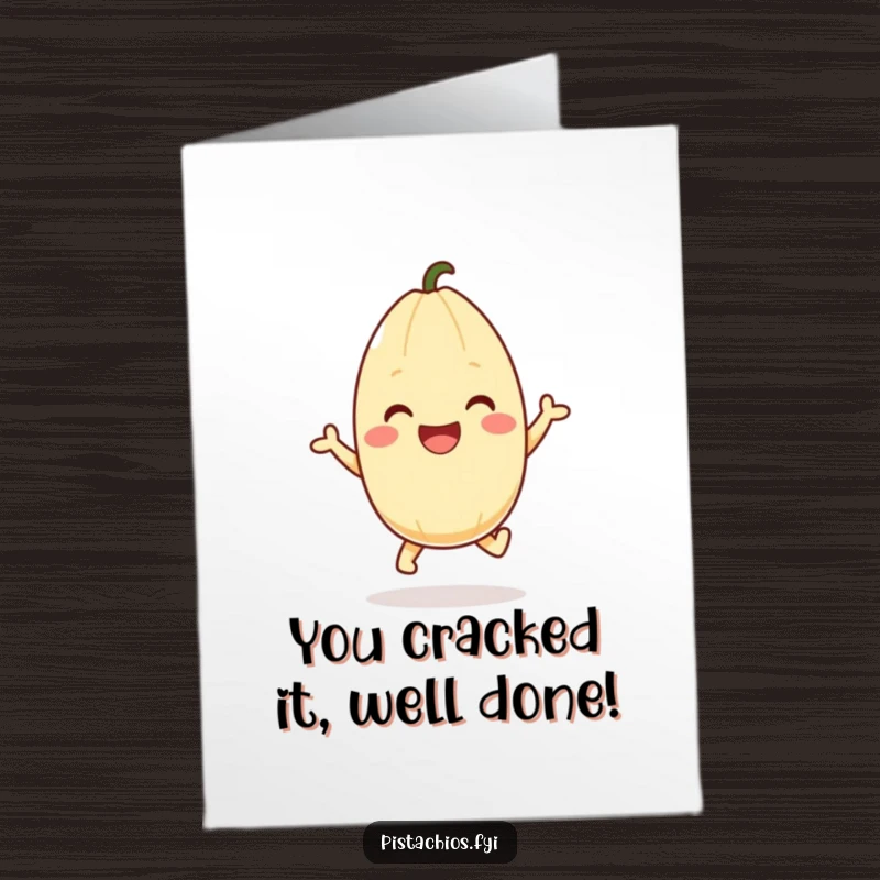 Funny Free Printable Pistachio Congratulations Card featuring a happy pistachio hopping with excitement, celebrating success.