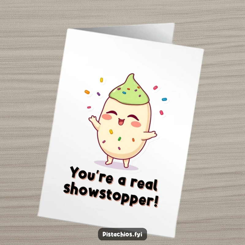 Funny Free Printable Pistachio Congratulations Card showing a winking pistachio expertly juggling sprinkles, celebrating achievements.