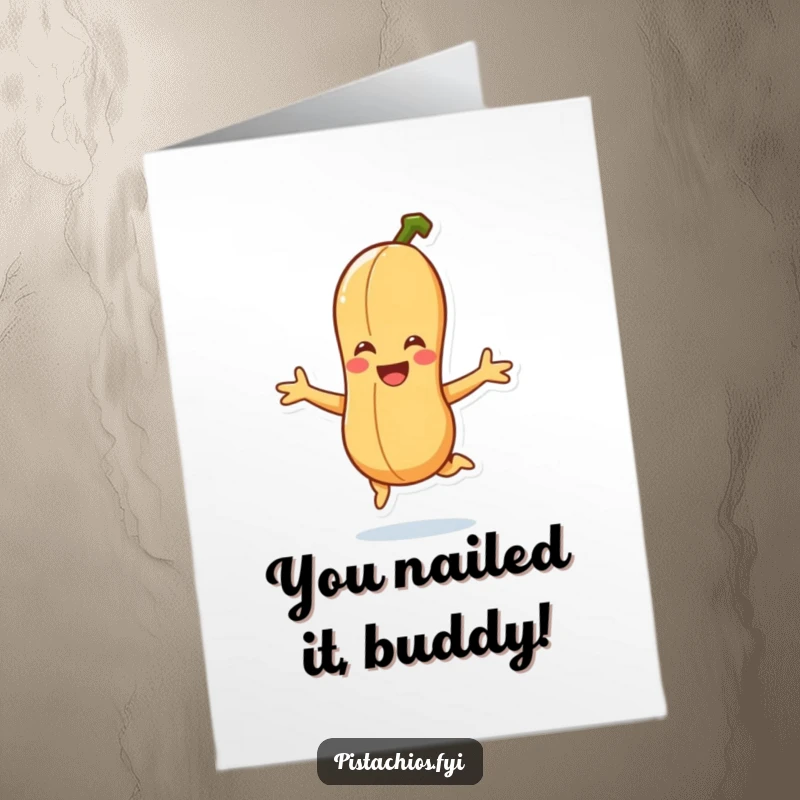 Funny Free Printable Congratulations Card: Smiling peanut character jumping, celebrating news, print at home.