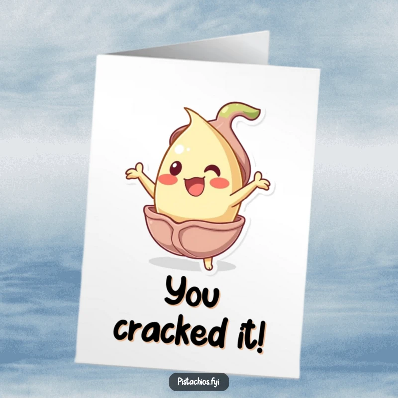 Funny Free Printable Congratulations Card: Jubilant pistachio nut bursting from shell, exciting announcement, print at home.