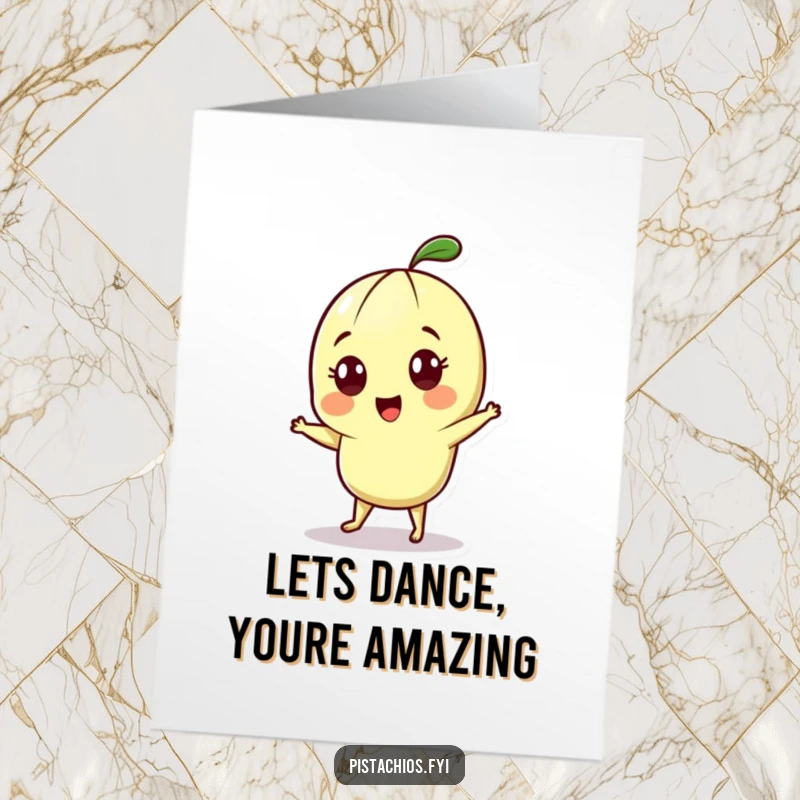 Funny Free Printable congratulations card: A cheerful pistachio with wide eyes does a happy little dance, celebrating success.