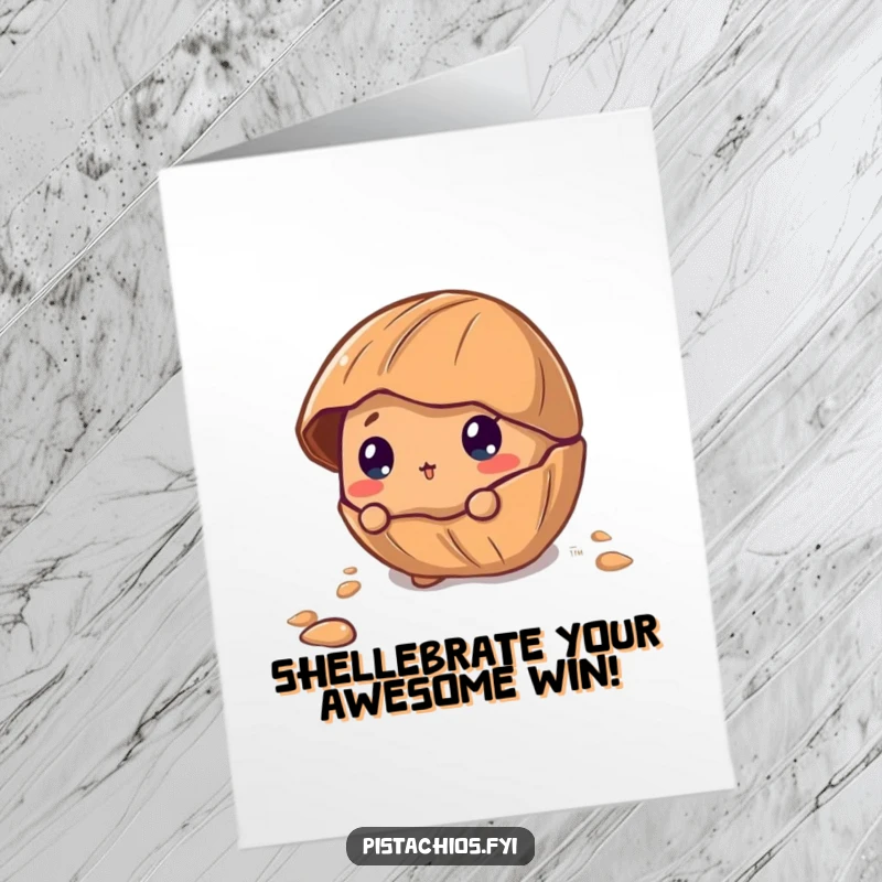 Funny Free Printable Congratulations Card: A curious pecan character peeking from its shell, exuding subtle pride and excitement.