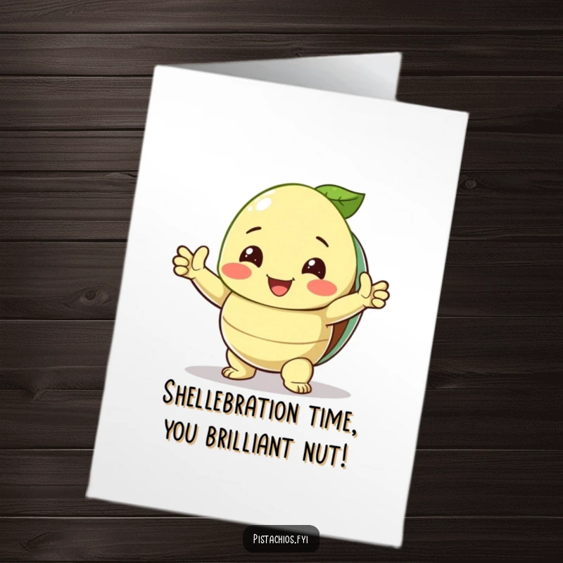 Funny Free Printable Congratulations Card with a smiling pistachio striking a triumphant pose, shell open, celebrating a great achievement.