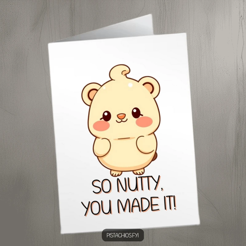Funny Free Printable Congratulations Card: A blushing macadamia nut character offering a shy smile, conveying gentle happiness.