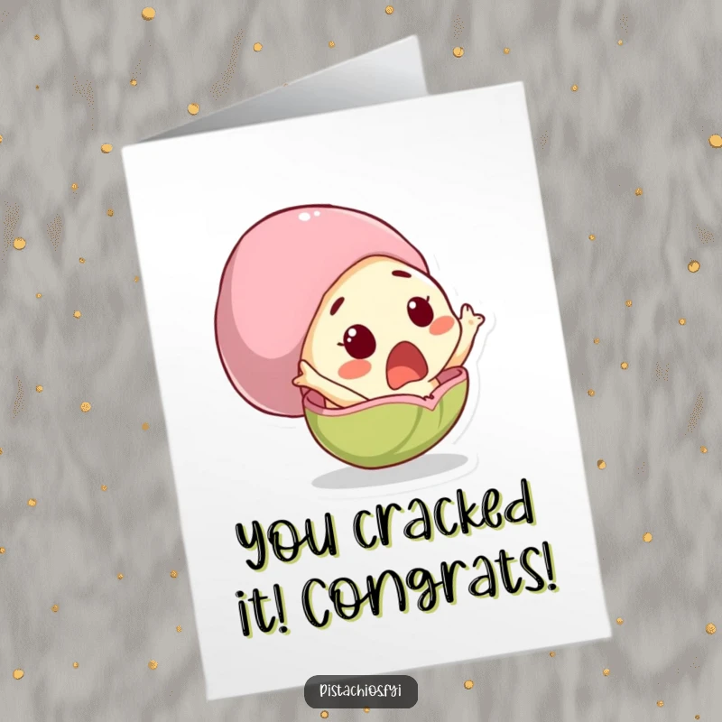 Funny free printable congratulations card with a gaping pistachio character astonished by exciting news, a unique downloadable gift.
