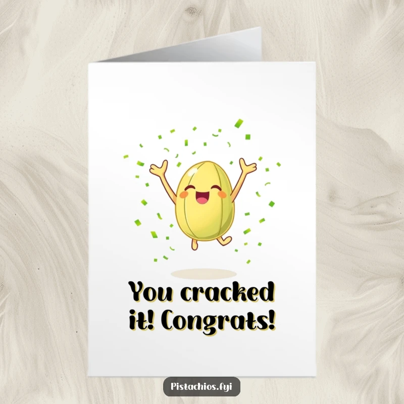 Funny Free Printable congratulations card with a cheerful pistachio nut leaping with joy, surrounded by a shower of green confetti.