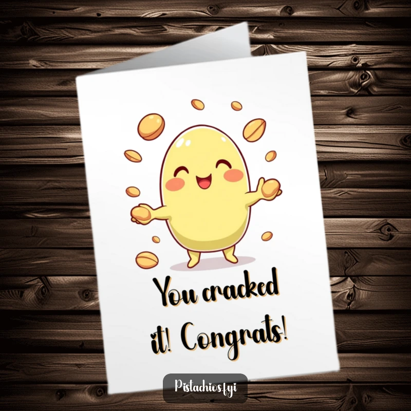 Free Printable Congratulations Card: A cheerful pistachio character energetically juggling nut shells, symbolizing a big win.