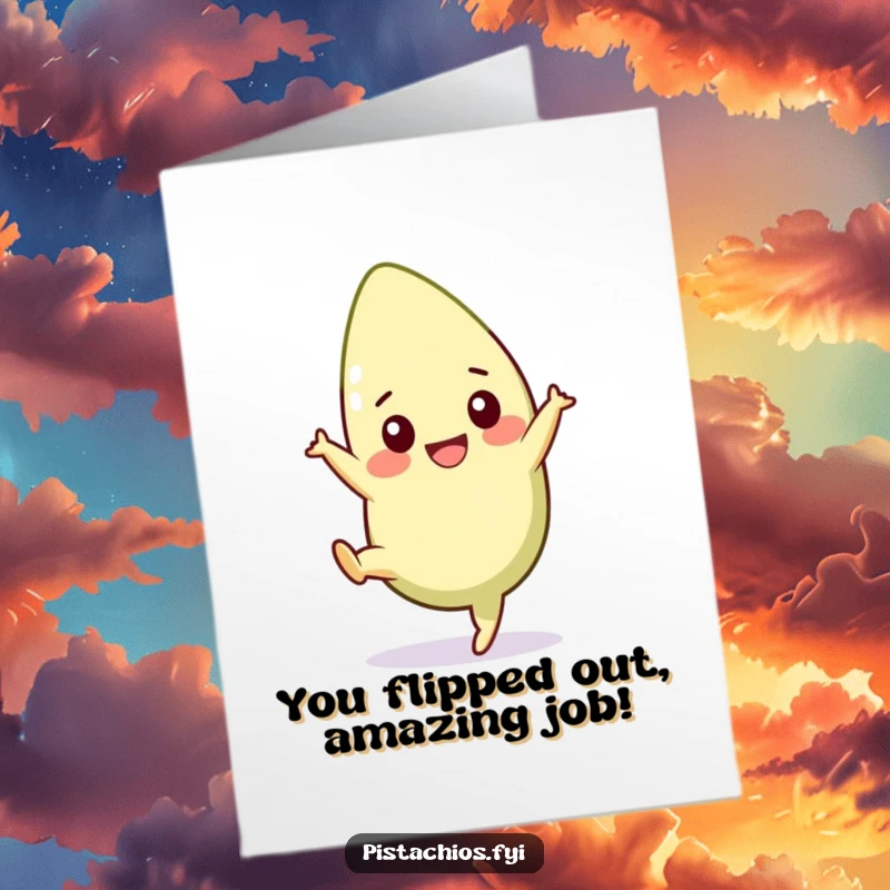 Funny Free Printable Pistachio Congratulations Card featuring a cheerful pistachio performing a cartwheel, celebrating success with flair.