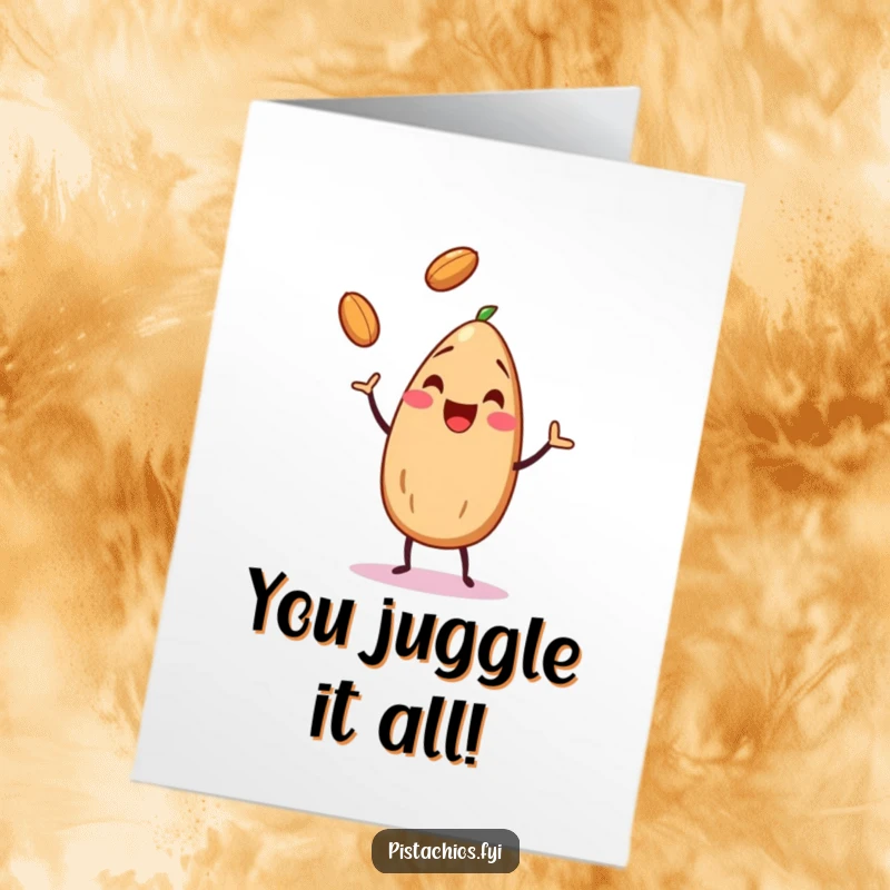 Funny Free Printable Congratulations Card: A happy almond expertly juggles three tiny nuts, beaming with pride.