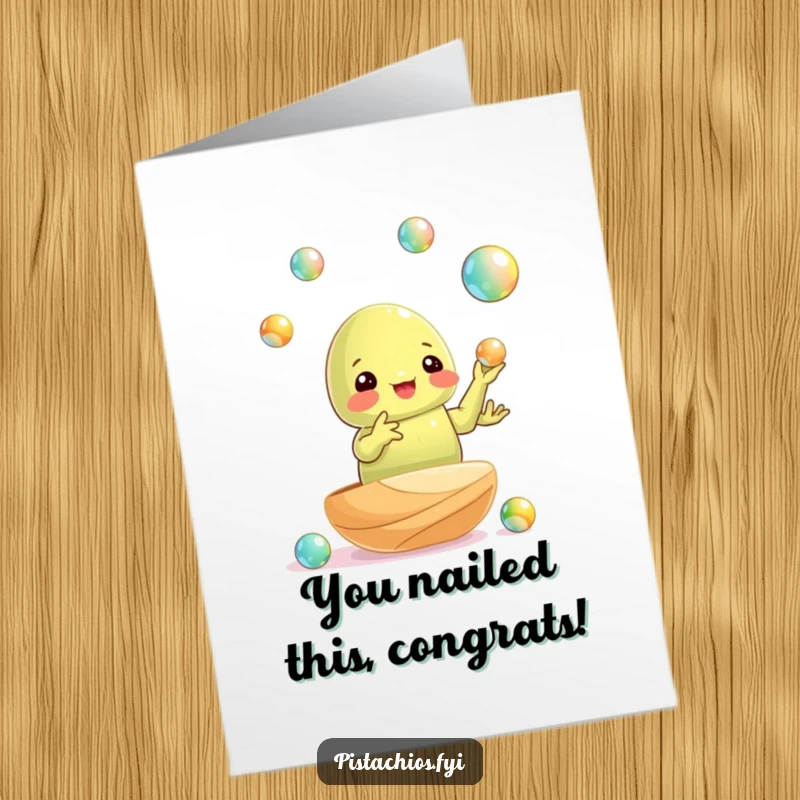 Funny Free Printable Congratulations Card: a pistachio nut juggling marbles with remarkable skill, celebrating a win.