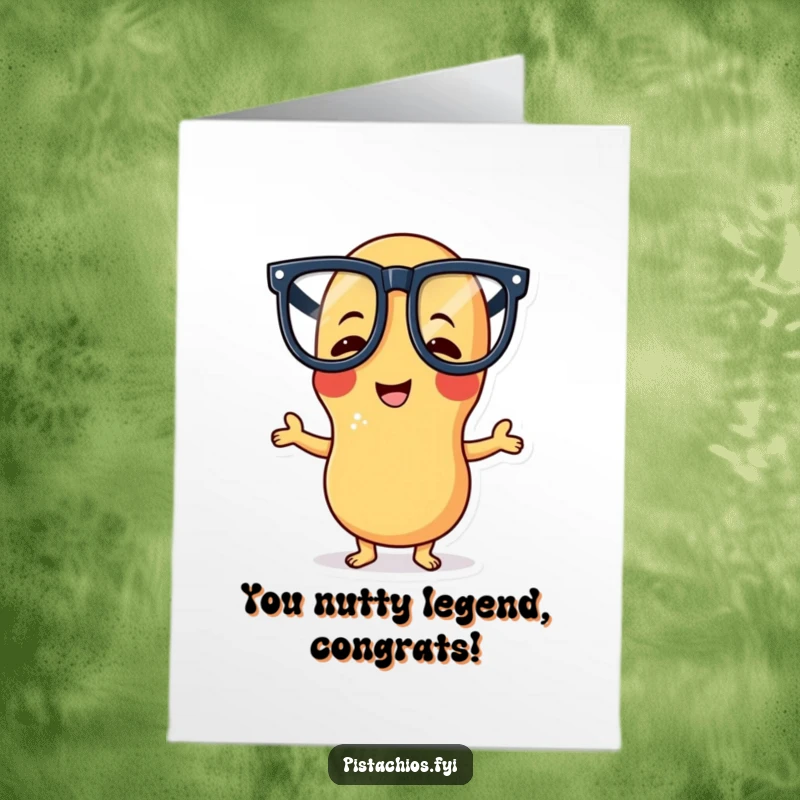 Funny Free Printable Congratulations Card: Giggling Peanut character in oversized glasses celebrating with a silly pose.