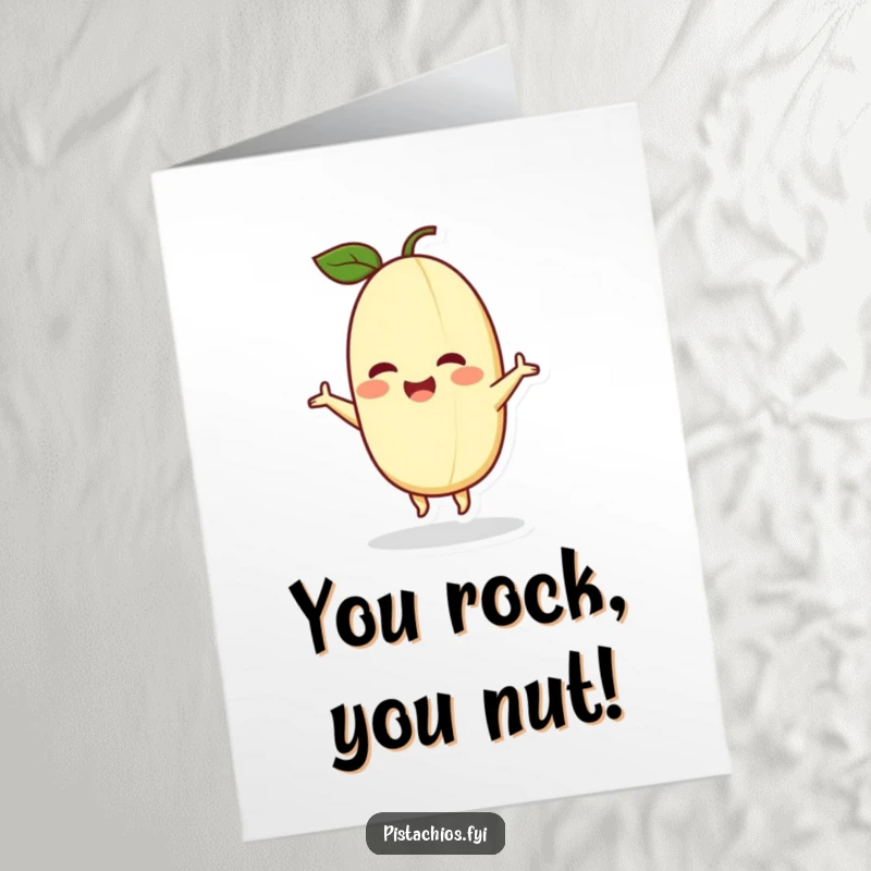 Funny Free Printable Congrats Card: A delighted pistachio character performing an exuberant happy dance, celebrating success with infectious enthusiasm.
