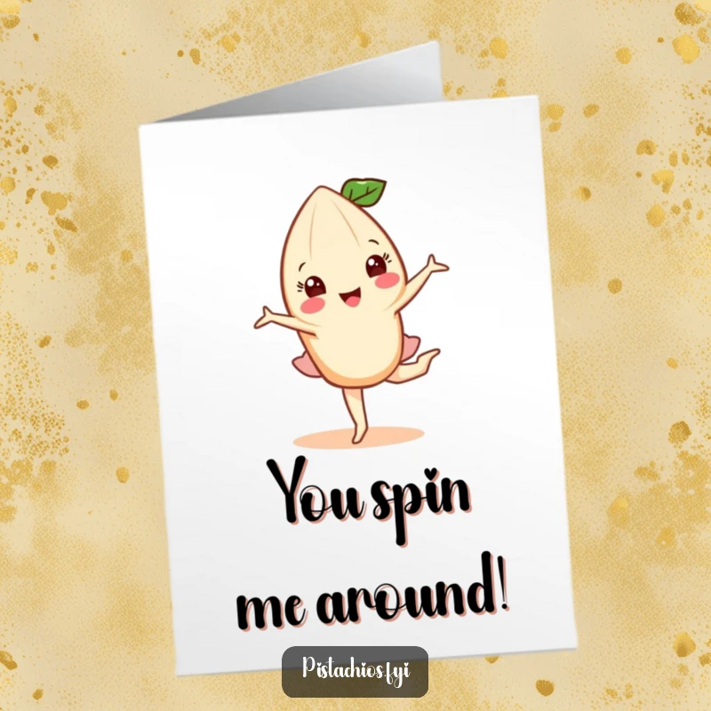 Funny Free Printable Congratulations Card: Happy almond character performing a graceful pirouette. A humorous downloadable for celebrating wins.