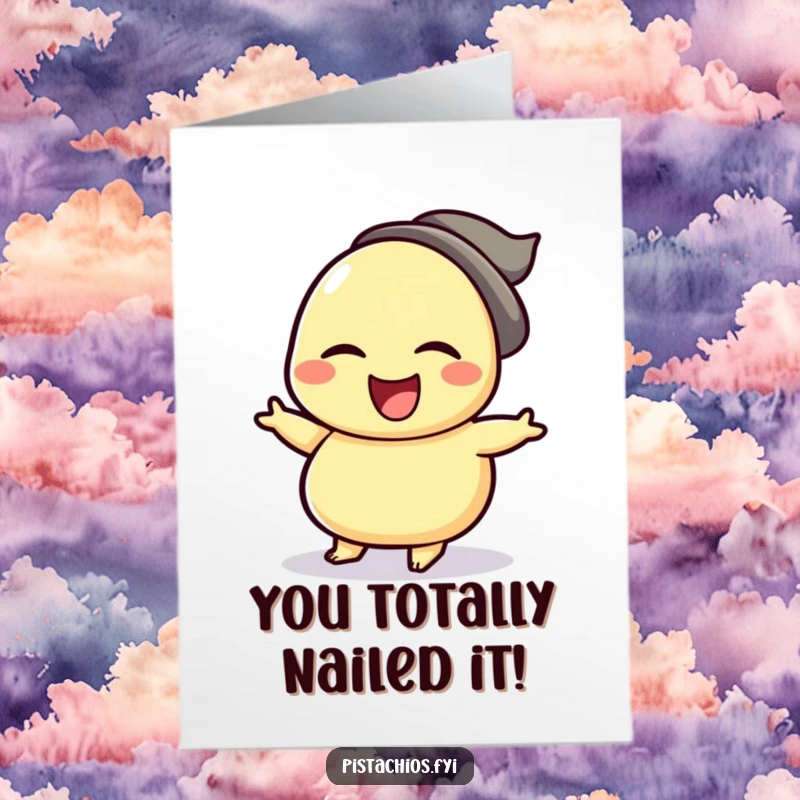 Funny Free Printable Congratulations Card: Winking cashew nut character celebrating with a happy jig. A humorous downloadable for joyous occasions.