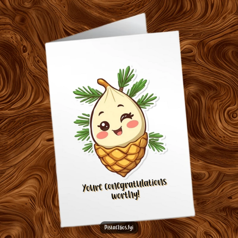 Funny Free Printable Congrats Card: Happy Pine nut winking from its cone, celebrating achievements, perfect for DIY gifts.