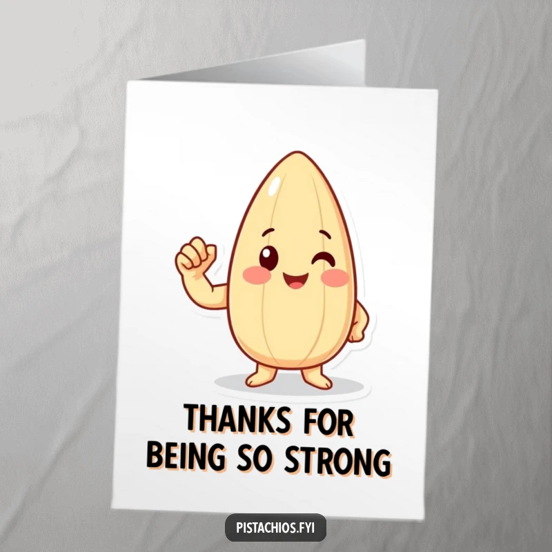 Funny Free Printable Thank You Card: Happy almond character flexing bicep, expressing thanks, print at home.