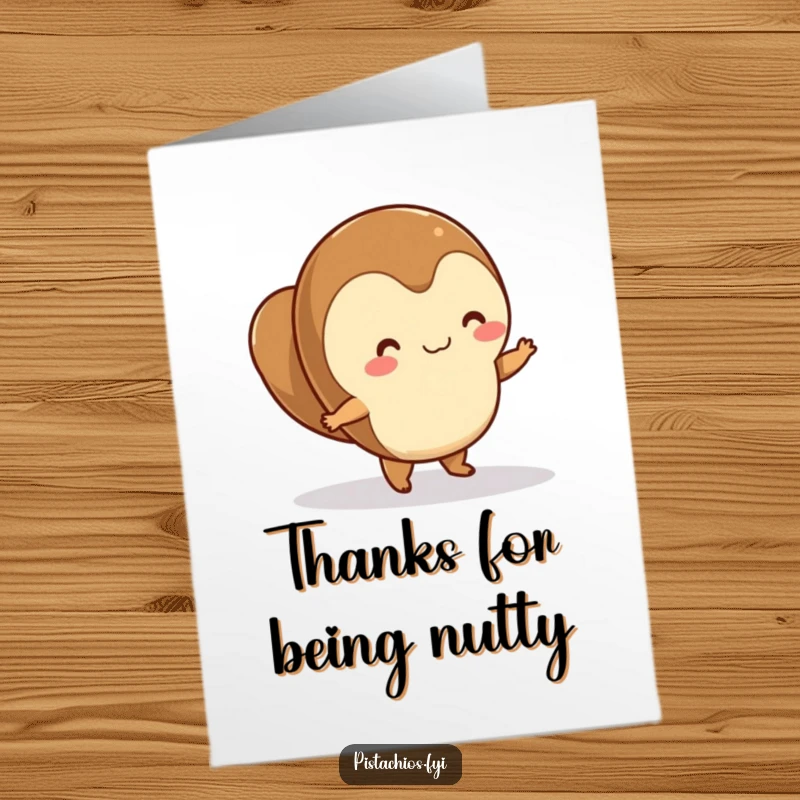 Funny Free Printable Thank You Card: A cheerful hazelnut busts a move, dancing happily on a smooth, shiny surface.