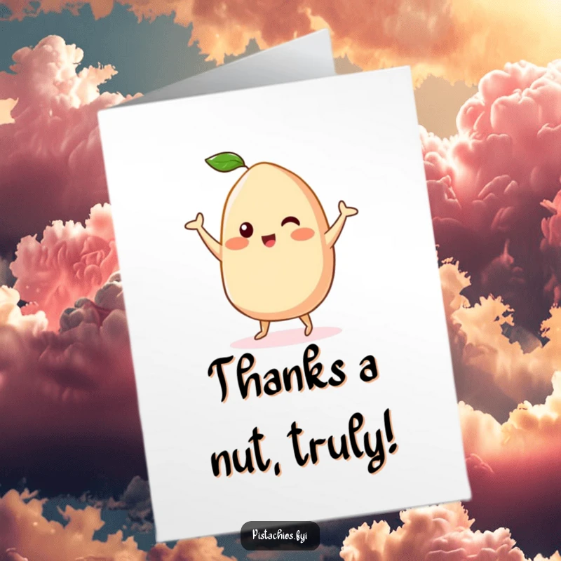 Funny Free Printable Thank You Card: Kawaii Cashew doing a happy dance, showing thanks, perfect for DIY gifts.