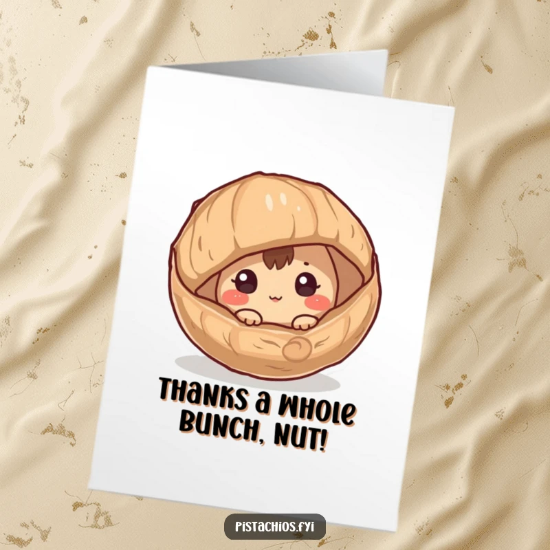 Funny Free Printable Thank You Card: Curious Hazelnut peeking from husk, showing gratitude, perfect for DIY gifts.
