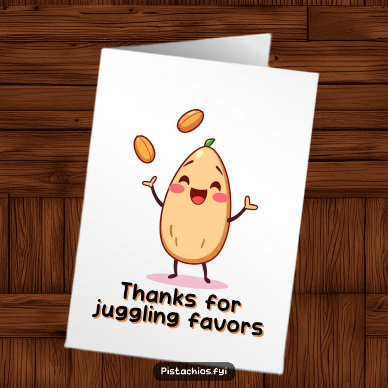 Funny Free Printable Thank You Card: A cheerful almond juggles three small nuts with immense glee and focus.