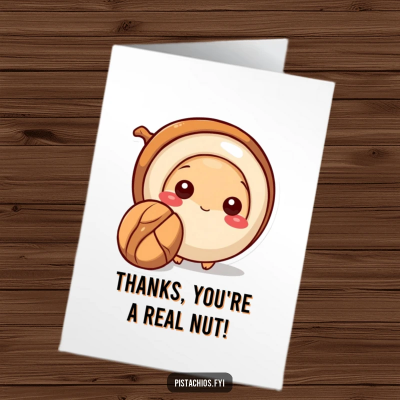 Funny Free Printable Thank You Card: A shy pecan character peeks from behind a larger nut, expressing modest thanks.