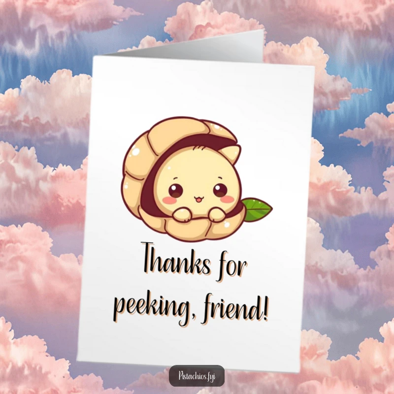 Funny Free Printable Thank You Card: A small pistachio character curiously peeking out from its protective shell, expressing thanks.